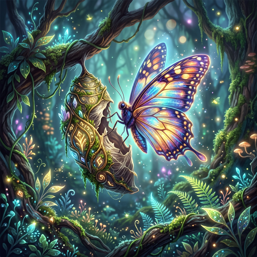 Colorful butterfly emerging from decorated cocoon in glowing forest
